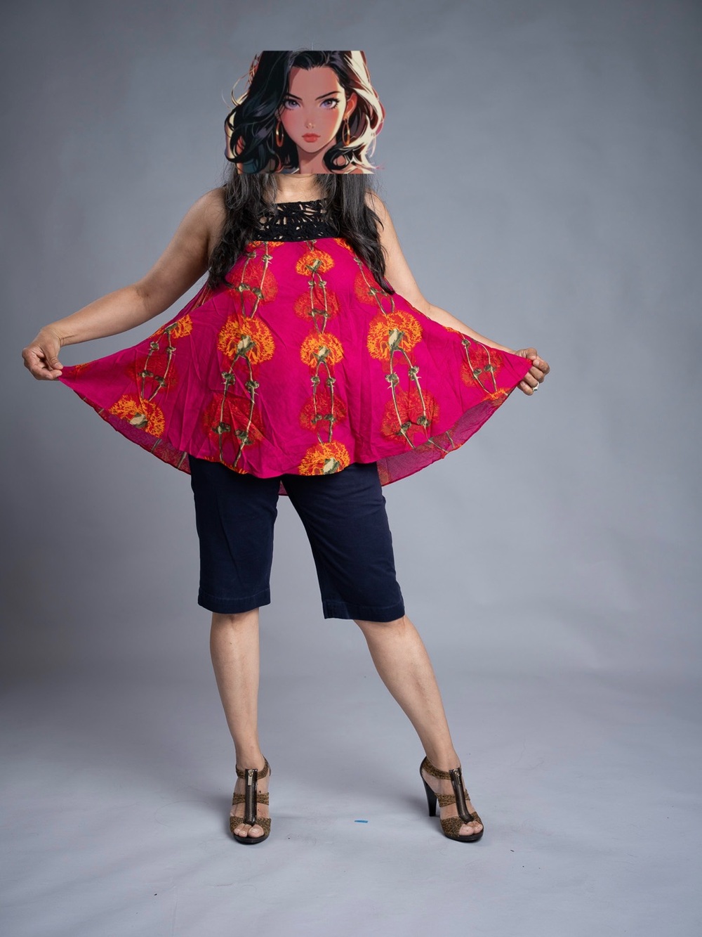 Ritu Kumar Magenta Floral Swing Tunic with Black Lace Yoke